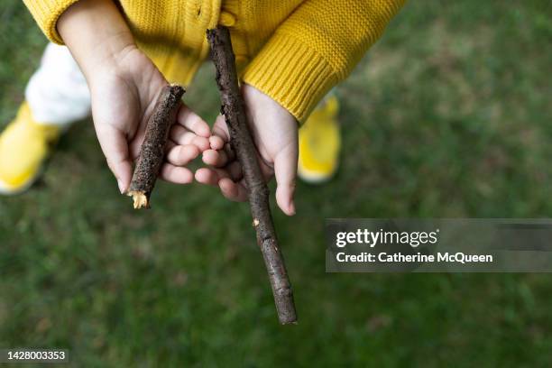 young mixed-race girl holding sticks outside - holzstock stock-fotos und bilder