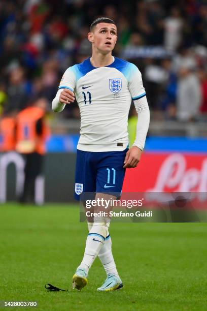 Phil Foden of England reacts during the UEFA Nations League League A Group 3 match between Italy and England at San Siro on September 23, 2022 in...