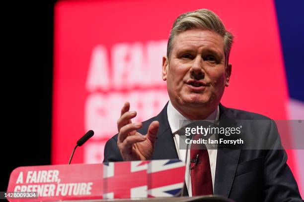 Labour Party leader Keir Starmer holds his key note speech on the third day of the annual Labour Party conference on September 27, 2022 in Liverpool,...