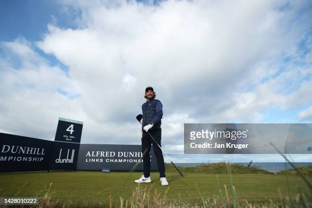 Tommy Fleetwood of England reacts on the 4th tee during a practice round prior to the Alfred Dunhill Links Championship at Kingsbarns Golf Links on...