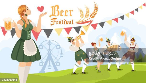 illustrazioni stock, clip art, cartoni animati e icone di tendenza di bandiera della festa della birra. persone che ballano e festeggiano. festa della birra. festa della birra. una giovane donna che soffia un bacio. - trolese