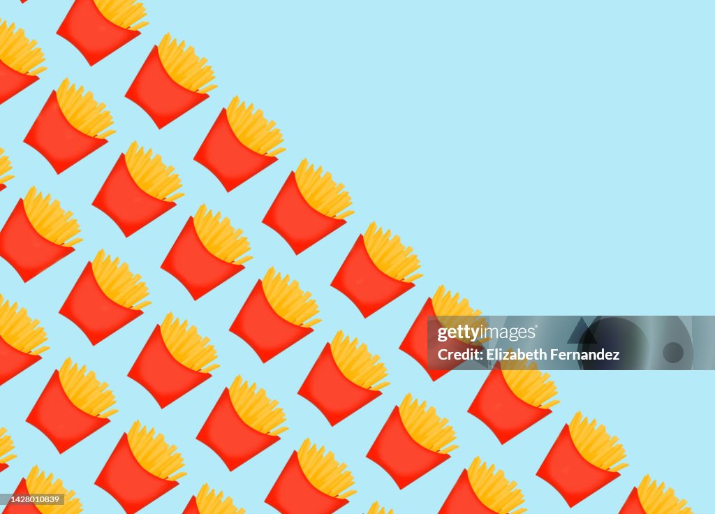 Seamless pattern of red french fries box potatoes on pastel blue background. Concept of harmful artificial food. Unhealthy. Copy space on image.