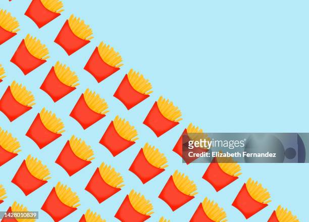 seamless pattern of red french fries box potatoes on pastel blue background. concept of harmful artificial food. unhealthy. copy space on image. - fast food french fries stock pictures, royalty-free photos & images
