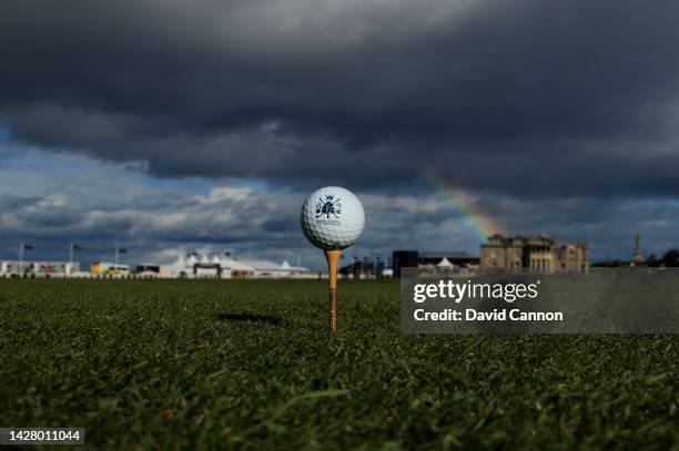 Detail photograph of an Alfred Dunhill Links Championship Golf Ball on a tee on the 18th tee on The Old Course prior to the Alfred Dunhill Links...