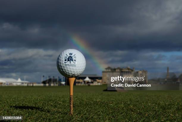 Detail photograph of an Alfred Dunhill Links Championship Golf Ball on a tee on the 18th tee on The Old Course prior to the Alfred Dunhill Links...