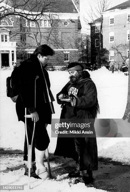 View of actors Brendan Fraser and actor Joe Pesci in a scene from the film 'With Honors' , Cambridge, Massachusetts, March 1993.