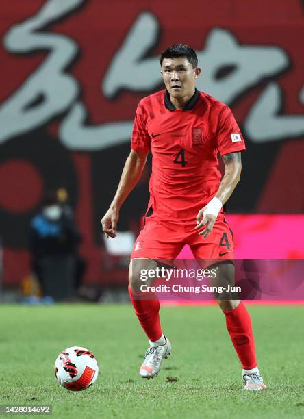 Kim Min-Jae of South Korea in action during the South Korea v Cameroon - International friendly match at Seoul World Cup Stadium on September 27,...