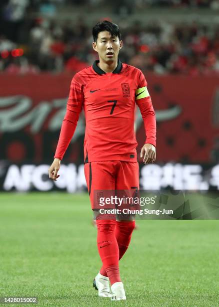 Son Heung-Min of South Korea in action during the South Korea v Cameroon - International friendly match at Seoul World Cup Stadium on September 27,...