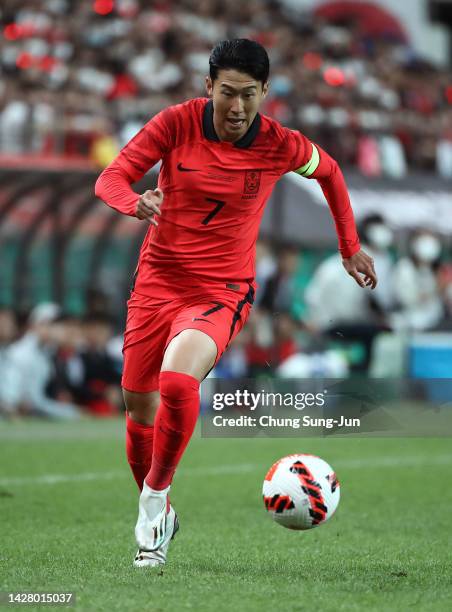 Son Heung-Min of South Korea in action during the South Korea v Cameroon - International friendly match at Seoul World Cup Stadium on September 27,...