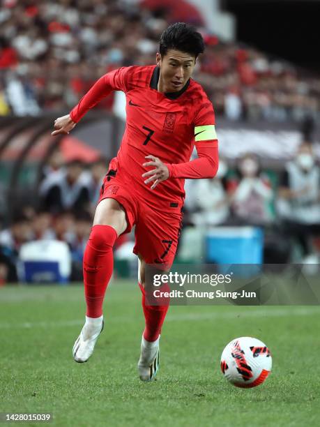 Son Heung-Min of South Korea in action during the South Korea v Cameroon - International friendly match at Seoul World Cup Stadium on September 27,...