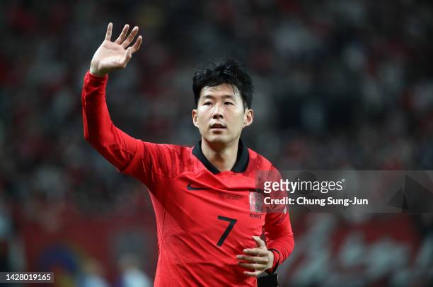 Son Heung-Min of South Korea reacts after the South Korea v Cameroon - International friendly match at Seoul World Cup Stadium on September 27, 2022...