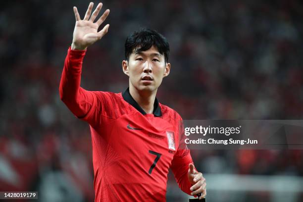 Son Heung-Min of South Korea reacts after the South Korea v Cameroon - International friendly match at Seoul World Cup Stadium on September 27, 2022...