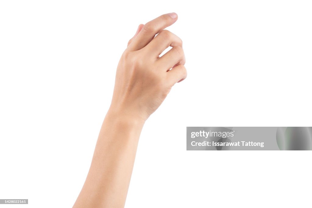 Female hand holding a virtual card with your fingers on a white background