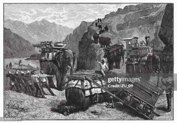 stockillustraties, clipart, cartoons en iconen met portable railway in the east indies, wood engraving, published 1885 - colony