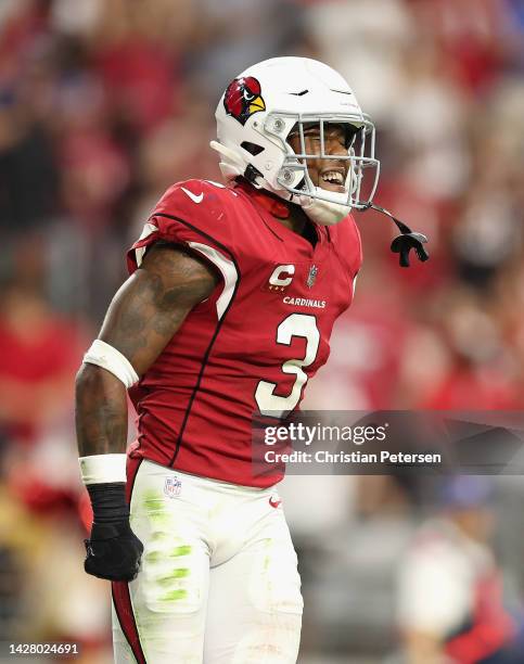 Safety Budda Baker of the Arizona Cardinals reacts to a fumble recovery against the Los Angeles Rams during the second half of the NFL game at State...