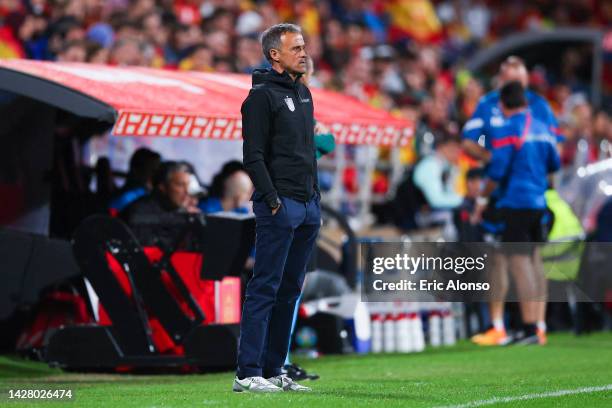 Luis Enrique Martinez, head coach of Spain follows the action during the UEFA Nations League League A Group 2 match between Spain and Switzerland at...