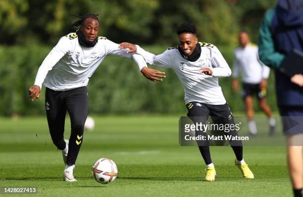 Joe Aribo and Kyle Walker-Peters during a Southampton FC training session at the Staplewood Campus on September 27, 2022 in Southampton, England.