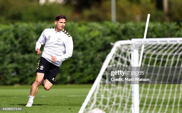 Romain Perraud during a Southampton FC training session at the Staplewood Campus on September 27, 2022 in Southampton, England.