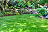 Artificial turf creates a natural look in a backyard garden.