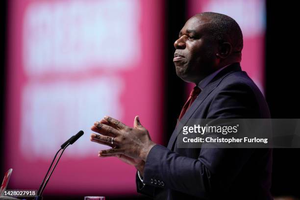 David Lammy, Shadow Secretary of State for Foreign, Commonwealth and Development Affairs addresses delegates during the Labour Party conference on...