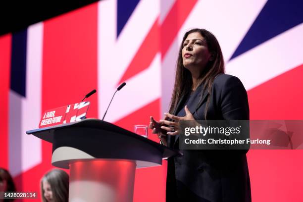 Labour's Shadow International Development Secretary Preet Gill addresses delegates on day three of the Labour Party Conference at the ACC on...