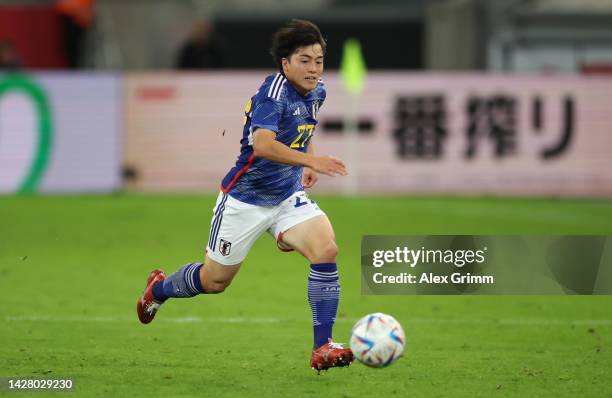 Yuki Soma of Japan controls the ball during the international friendly match between Japan and Ecuador at Merkur Spiel Arena on September 27, 2022 in...