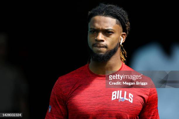 Damar Hamlin of the Buffalo Bills looks on prior to a game against the Miami Dolphins at Hard Rock Stadium on September 25, 2022 in Miami Gardens,...