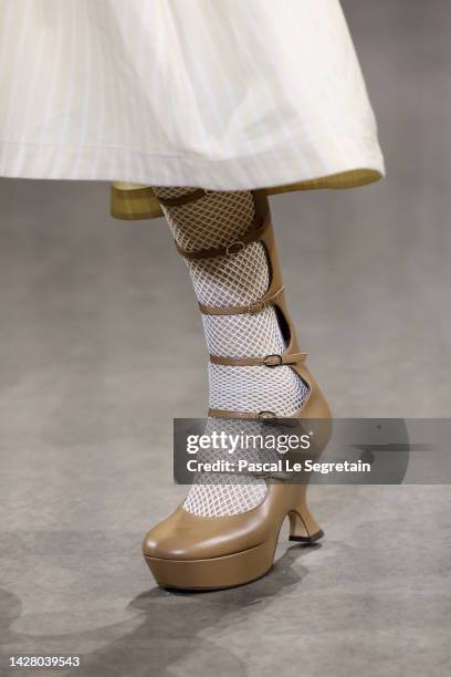 Model, shoe detail, walks the runway during the Christian Dior Womenswear Spring/Summer 2023 show as part of Paris Fashion Week on September 27, 2022...