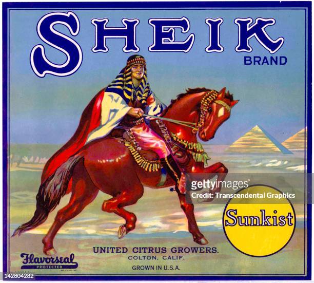 The Sheik is the subject used to promote United Citrus Growers, who produced this label circa 1920 in Colton, California.