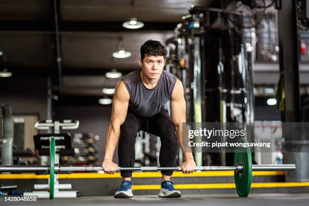 asian man doing weight lifting exercises inside the gym - 筋力トレーニング ストックフォトと画像