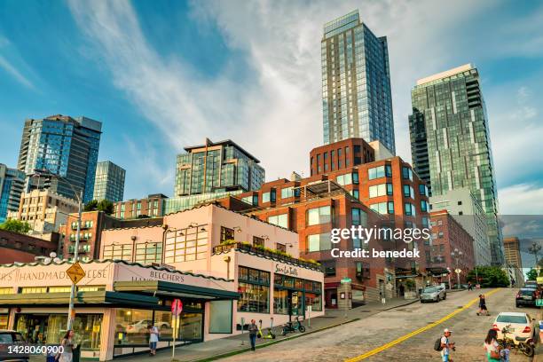downtown seattle condos usa sunset pike place market - pike place market stock pictures, royalty-free photos & images