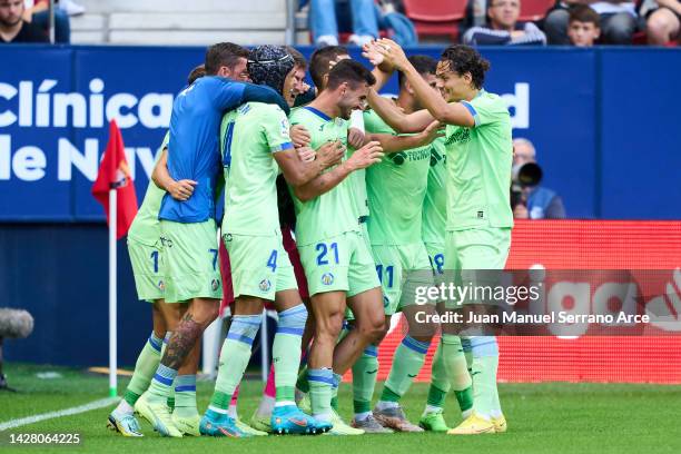 Juan Iglesias of Getafe CF celebrates after scoring goal during the LaLiga Santander match between CA Osasuna and Getafe CF at El Sadar Stadium on...