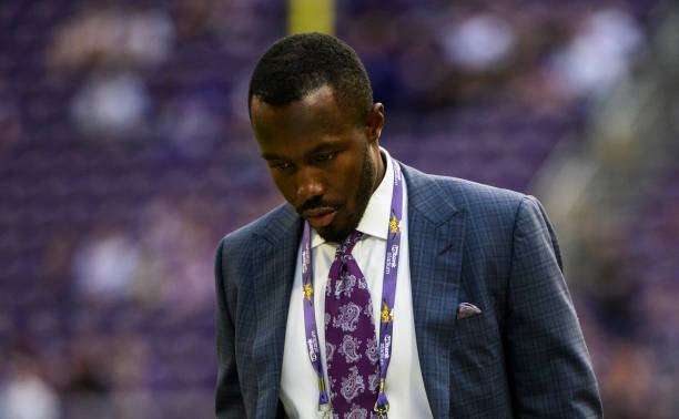 Minnesota Vikings general manager Kwesi Adofo-Mensah walks along the sideline before the game against the Detroit Lions at U.S. Bank Stadium on...