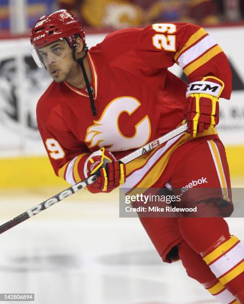 Akim Aliu of the Calgary Flames skates during the warm up before playing the Anaheim Ducks in NHL action on April 7, 2012 at the Scotiabank...