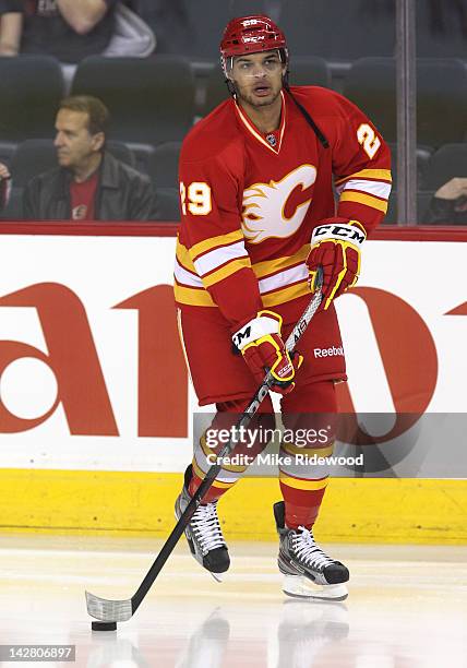 Akim Aliu of the Calgary Flames skates during the warm up before playing the Anaheim Ducks in NHL action on April 7, 2012 at the Scotiabank...