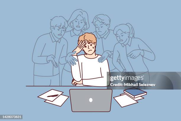 stressed man pressured by social opinion - bullying at work stock illustrations