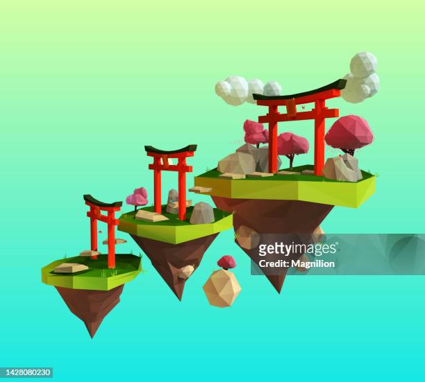 torii gate auf der fliegenden insel, spielkonzept - torii tor stock-grafiken, -clipart, -cartoons und -symbole