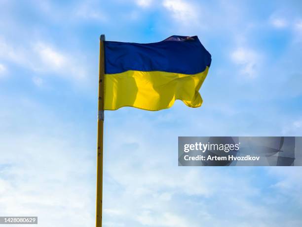 ukrainian flag waving against cloudy sky - flaggen stock-fotos und bilder