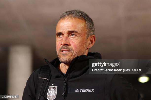 Luis Enrique, Head Coach of Spain arrives prior to kick off of the UEFA Nations League League A Group 2 match between Portugal and Spain at Estadio...