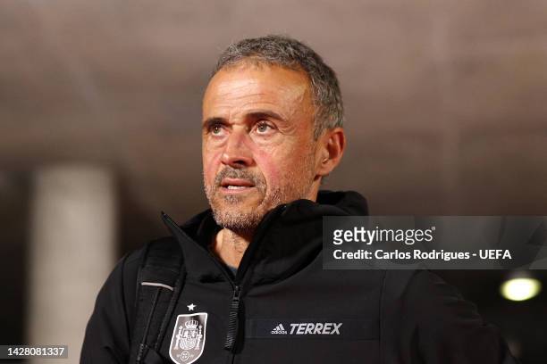 Luis Enrique, Head Coach of Spain arrives prior to kick off of the UEFA Nations League League A Group 2 match between Portugal and Spain at Estadio...