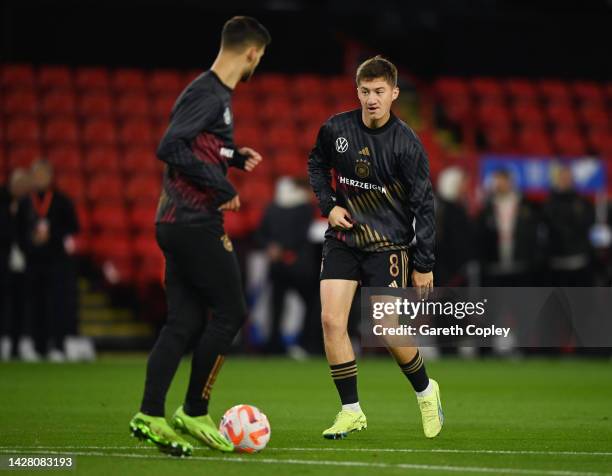 Angelo Stiller of Germany warms up prior to the International Friendly match between England U21 and Germany U21 at Bramall Lane on September 27,...