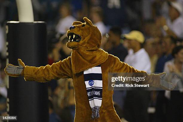 Nittany Lion, the mascot of Penn State, rallies the team while in the endzone during the NCAA football game against Nebraska at Beaver Stadium in...