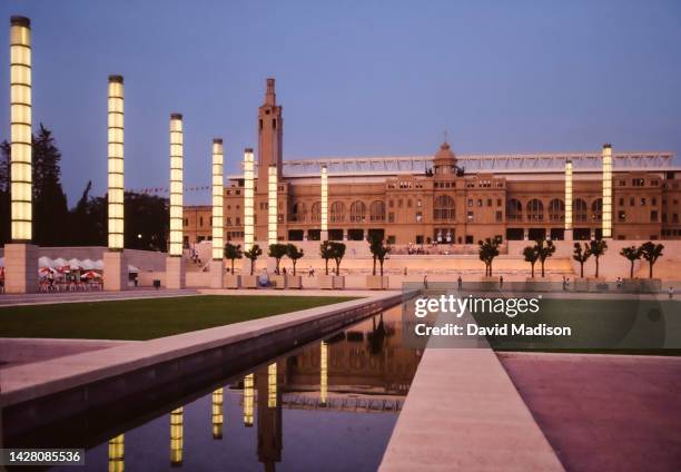 General view of the exterior of the Montjuic Olympic Stadium in the Olympic Park on Mountjuic during the 1992 Summer Olympics held in August, 1992 in...