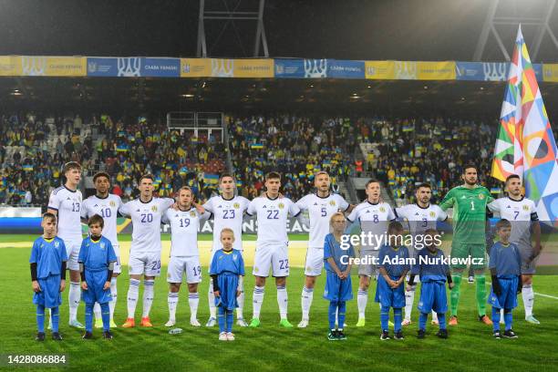 Players of Scotland line up during the National Anthems prior to kick off of the UEFA Nations League League B Group 1 match between Ukraine and...