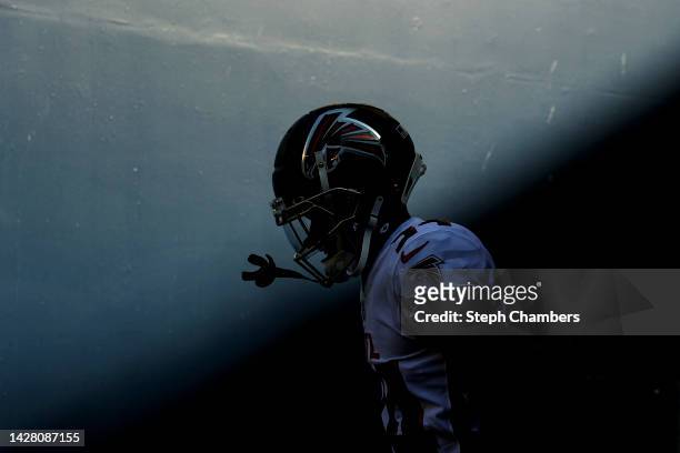 Darren Hall of the Atlanta Falcons walks in the tunnel before the game against the Seattle Seahawks at Lumen Field on September 25, 2022 in Seattle,...