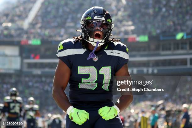 DeeJay Dallas of the Seattle Seahawks reacts before the game against the Atlanta Falcons at Lumen Field on September 25, 2022 in Seattle, Washington.