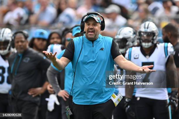 Head coach Matt Rhule of the Carolina Panthers questions a call by the officials during their game against the New Orleans Saints at Bank of America...