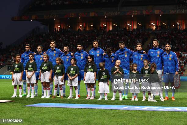 Players of Spain line up during the National Anthems prior to kick off of the UEFA Nations League League A Group 2 match between Portugal and Spain...