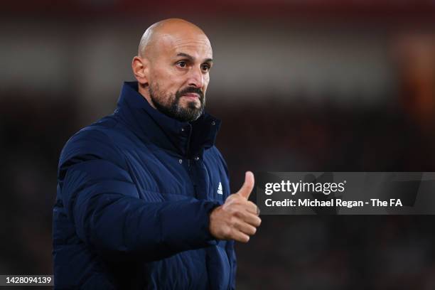 Antonio Di Salvo, Head Coach of Germany reacts during the International Friendly match between England U21 and Germany U21 at Bramall Lane on...