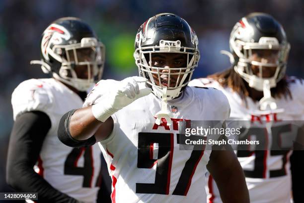 Grady Jarrett of the Atlanta Falcons reacts during the second quarter against the Seattle Seahawks at Lumen Field on September 25, 2022 in Seattle,...